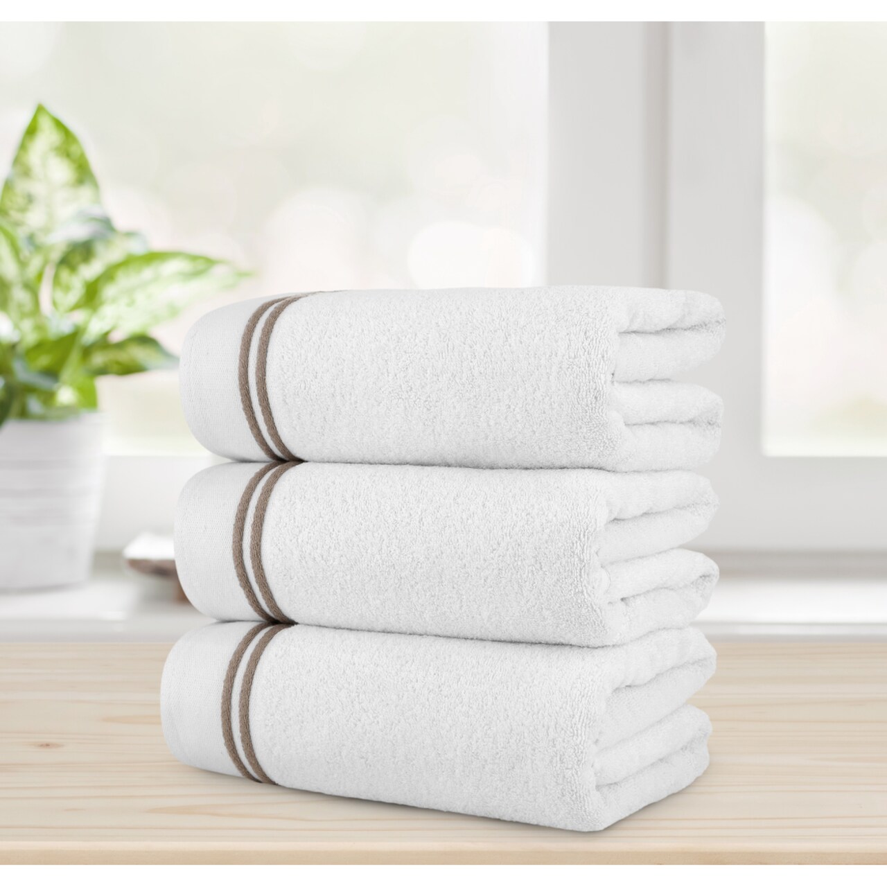 Chic Home Luxurious 3-Piece 100% Pure Turkish Cotton White Bath Towels 30" x 60" Striped Hem